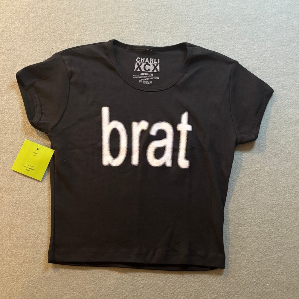Charli XCX Brat Baby Tee Womens M Black Short Sleeve Crop Top Tour Merch 2024